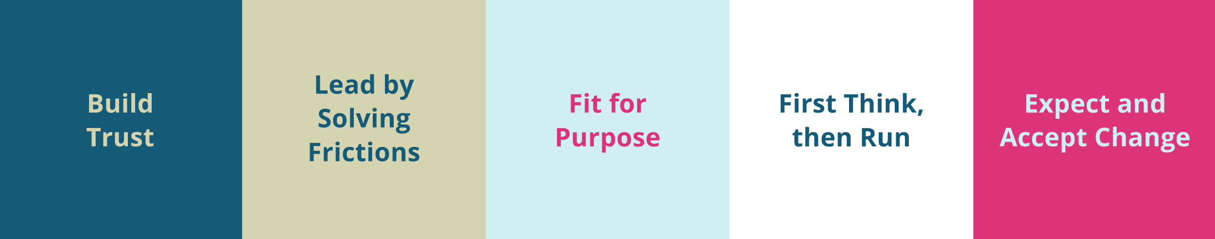 Mention Values in strip, Build Trust, Lead by Solving Frictions, Fit for Purpose, First Think then Run, Expect and Accept Change